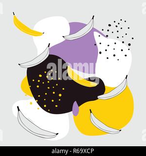 Stylish background with abstract elements polka dots and banana fruits Black white grey yellow purple colors Stock Vector