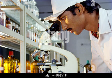 man looking through microscope in laboratory, India, Asia Stock Photo