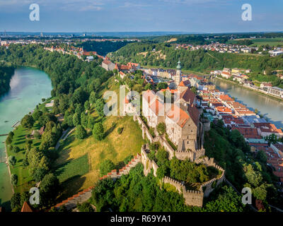 Aerial panorama of Burghausen the world's longest castle above the Inn river on the Austria-Germany border Stock Photo