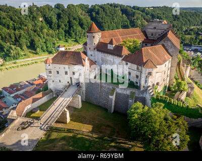 Aerial panorama of Burghausen the world's longest castle above the Inn river on the Austria-Germany border Stock Photo