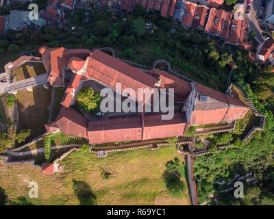 Aerial panorama of Burghausen the world's longest castle above the Inn river on the Austria-Germany border Stock Photo