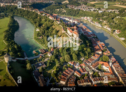 Aerial panorama of Burghausen the world's longest castle above the Inn river on the Austria-Germany border Stock Photo