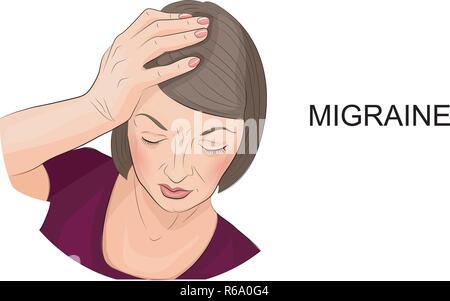 illustration of a woman suffering from migraine Stock Vector