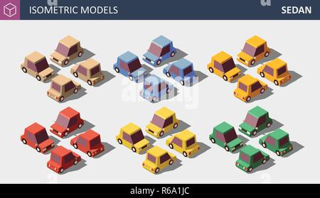 Vector Low Poly Personal Cars Set in Six Colors. Stock Vector