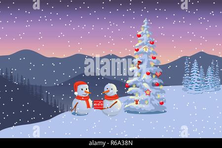 Winter boxing day with snowmen. Evening twilight with snowman family in santa hat, distant mountains, decorated illuminated x-mas tree Stock Vector