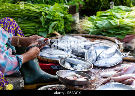 Street Vendor in Hue, Vietnam traditional fish market people selling fresh fish on the sidewalk. Stock Photo