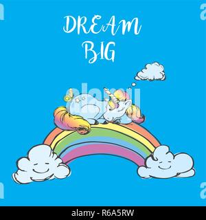 Cute unicorn sleep on rainbow,hand drawn vector illustration Stock Vector