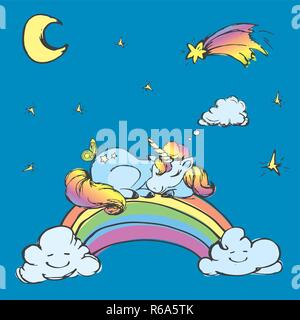Сute Unicorn sleep on the rainbow,hand drawn vector illustration Stock Vector