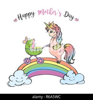 Cute unicorn lady with baby carriage walking on rainbow,hand drawn vector illustration isolated on white background Stock Vector