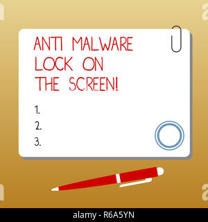 Writing note showing Anti Malware Lock On The Screen. Business photo showcasing Security safety against malware hacking Square Color Board with Magnet Stock Photo