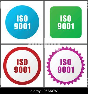 Iso 9001 red, blue, green and pink vector icon set. Web icons. Flat design signs and symbols easy to edit Stock Vector