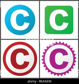 Copyright red, blue, green and pink vector icon set. Web icons. Flat design signs and symbols easy to edit Stock Vector