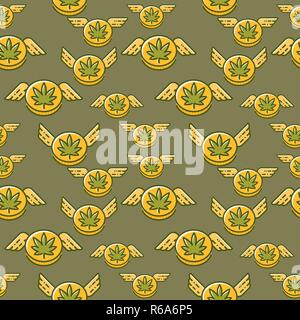 Cannabis coin with wings seamless vector pattern. Stock Vector