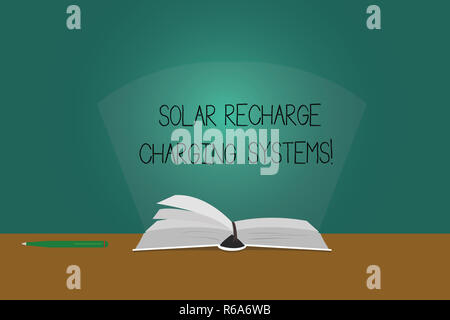 Writing note showing Solar Recharge Charging Systems. Business photo showcasing New innovative alternative energy supplies Color Pages of Book on Tabl Stock Photo