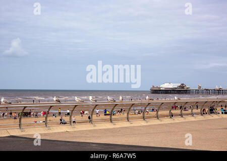 I'll be watching you! Hungry seagulls on a railing waiting for food on the beach in Blackpool Lancashire UK Stock Photo