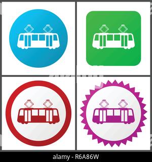 Tram red, blue, green and pink vector icon set. Web icons. Flat design signs and symbols easy to edit Stock Vector