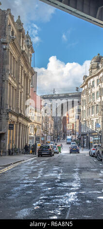 Street view of Side in Newcastle upon Tyne under the Tyne Bridge Stock Photo