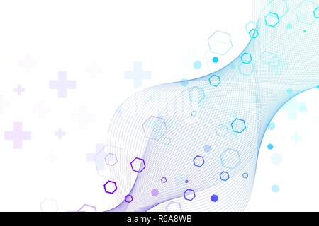 Abstract hexagonal background with waves. Hexagonal molecular structures. Futuristic technology background in science style. Graphic hex background for your design. Vector illustration Stock Vector