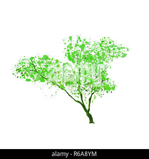 Green tree silhouette, handdrawn watercolor splashes, isolated on white background. Raster artistic illustration Stock Photo