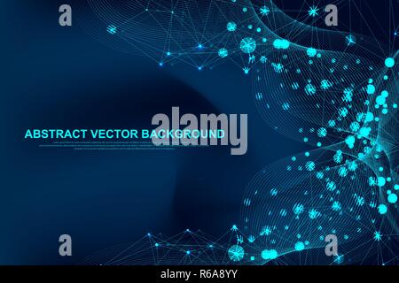 Futuristic abstract vector background blockchain technology. Peer to peer network business concept. Global cryptocurrency blockchain vector banner. Flowing lines, waves, dots Stock Vector