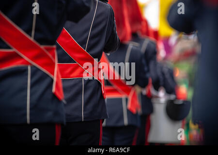 Various details of a performing wind band during a performance or concert with brass and percussion instruments Stock Photo