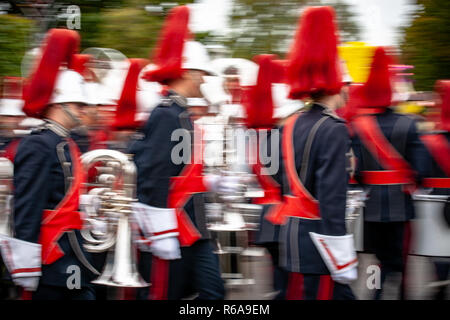 Various details of a performing wind band during a performance or concert with brass and percussion instruments Stock Photo