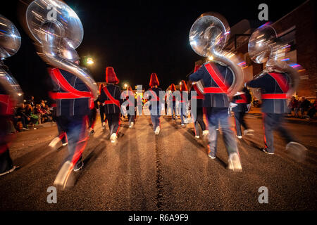 Various details of a performing wind band during a performance or concert with brass and percussion instruments Stock Photo