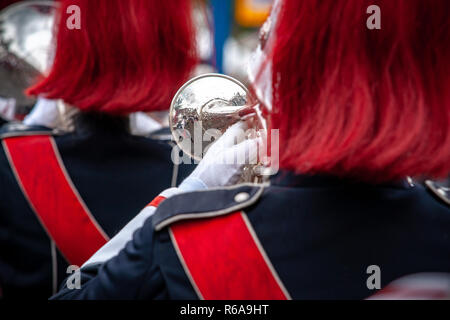 Various details of a performing wind band during a performance or concert with brass and percussion instruments Stock Photo