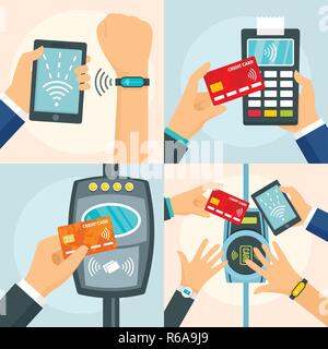 Nfc technology process banner set. Flat illustration of nfc technology process vector banner set for web design Stock Vector