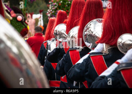 Various details of a performing wind band during a performance or concert with brass and percussion instruments Stock Photo