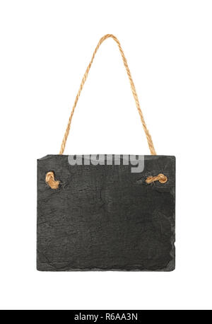 Black slate board on rope isolated on white Stock Photo