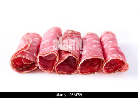 fresh salami sausage slices isolated on white background Stock Photo