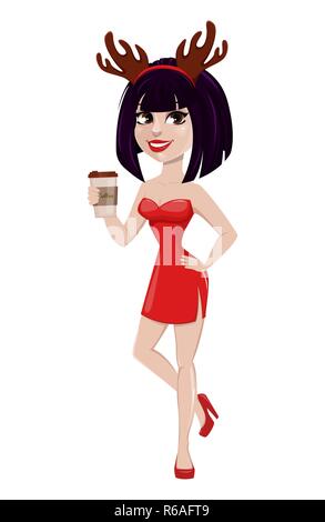 Christmas greeting card. Beautiful woman wearing funny mask with reindeer horns. Smiling cartoon character holding a cup of coffee. Vector illustratio Stock Vector