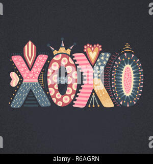Xoxo. Hand drawn lettering. Happy Valentine's Day. Freehand style. Doodle. Decorative letters. Holiday in February. Love Stock Photo