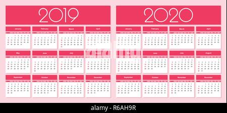 Calendar for 2019 and 2020 year red background. Simple Vector Template. Isolated illustration. Stock Vector