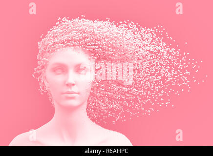 Head Of Young Woman And 3D Pixels As Hair On Pink Background. 3D Illustration. Stock Photo