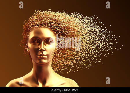 Gold Head Of Young Woman And 3D Pixels As Hair On Brown Background. 3D Illustration.