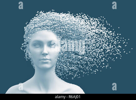 Head Of Young Woman And 3D Pixels As Hair On Blue Background. 3D Illustration. Stock Photo