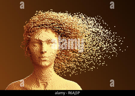 Gold Pixelated Head Of Woman And 3D Pixels As Hair. 3D Illustration. Stock Photo