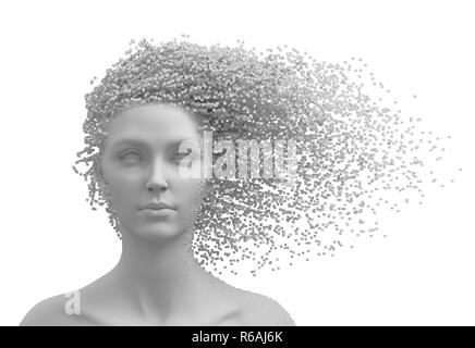 Head Of Young Woman And 3D Pixels As Hair Isolated On White Background. 3D Illustration.