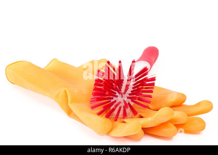 Red Dish Washing Brush With Rubber Gloves On White Background Stock Photo