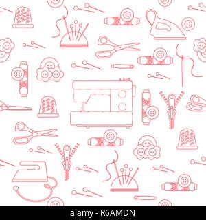 Seamless pattern with zipper, needles, thimble, pins, threads, buttons, scissors, sewing machine, iron. Sewing and needlework background. Template for Stock Vector