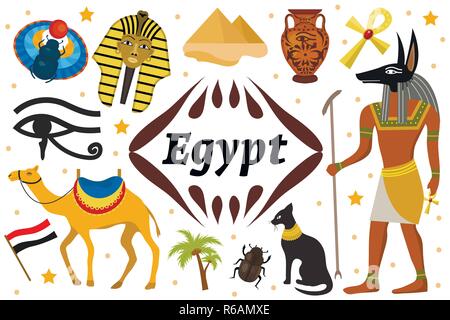 Ancient magic Egypt set icons objects. Collection design elements witch sorrow beetles, Pharaoh, pyramid, ankh, Anubis, camel, antique hieroglyph. Isolated on white background. Vector illustration Stock Vector