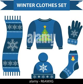 Winter warm clothes icon set, flat style. Christmas clothing,apparel collection with patterns. Hat, scarf, gloves, sweater. Isolated on white background. Vector illustration Stock Vector