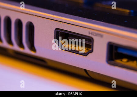 Closeup of HDMI cable port in a laptop. Stock Photo