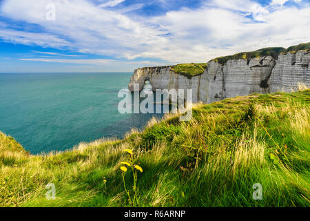 Beautiful view of cliffs Aval of Etretat and beautiful famous coastline ,Normandy, France, Europe in sunny day Stock Photo