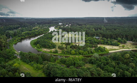 Aerial drone footage of river Neris during cloudy summer day Stock Photo