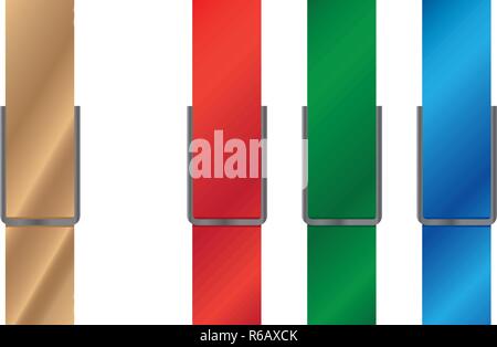 Vector illustration of wooden and vivid multicolor plastic clothespins, red, blue, green, isolated on white background Stock Vector