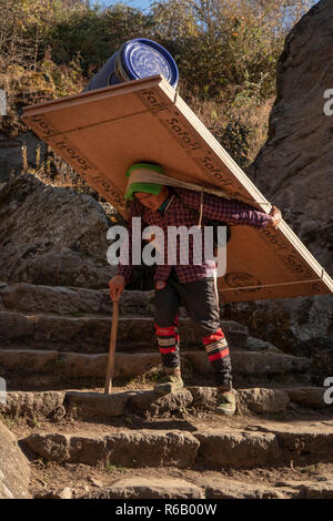 Nepal, Lukla, Chheplung, porter carrying heavy load of plywood descending path of stone steps Stock Photo