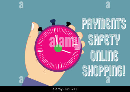 Writing note showing Payments Safety Online Shopping. Business photo showcasing Ecommerce security payment protection Hu analysis Hand Holding Stop Wa Stock Photo